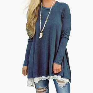 WEKILI Women's Long Sleeve Lace Scoop Neck A-line Tunic Blouse